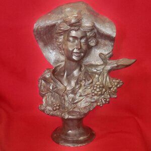 Maitland Smith Large Metal Brass Bust Lady of the Grapes Sculpture 14 Inches Tal